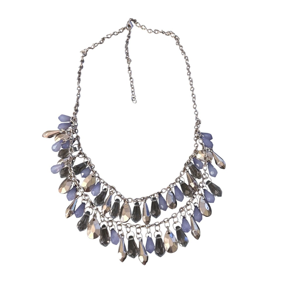 Silver Tone Multi Tier Periwinkle Blue Clear Teardrop Statement Bib Necklace